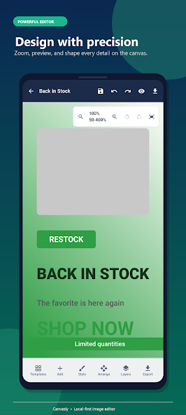 Canvasly editor showing a Back in Stock social design